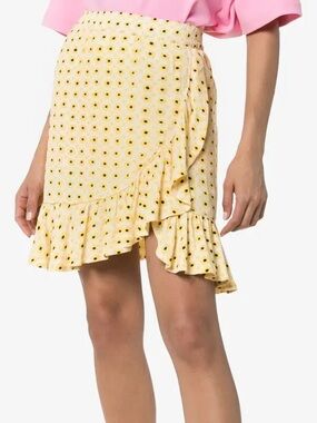 Ganni Yellow Daisy-Print Ruffle Wrap Mini Skirt
